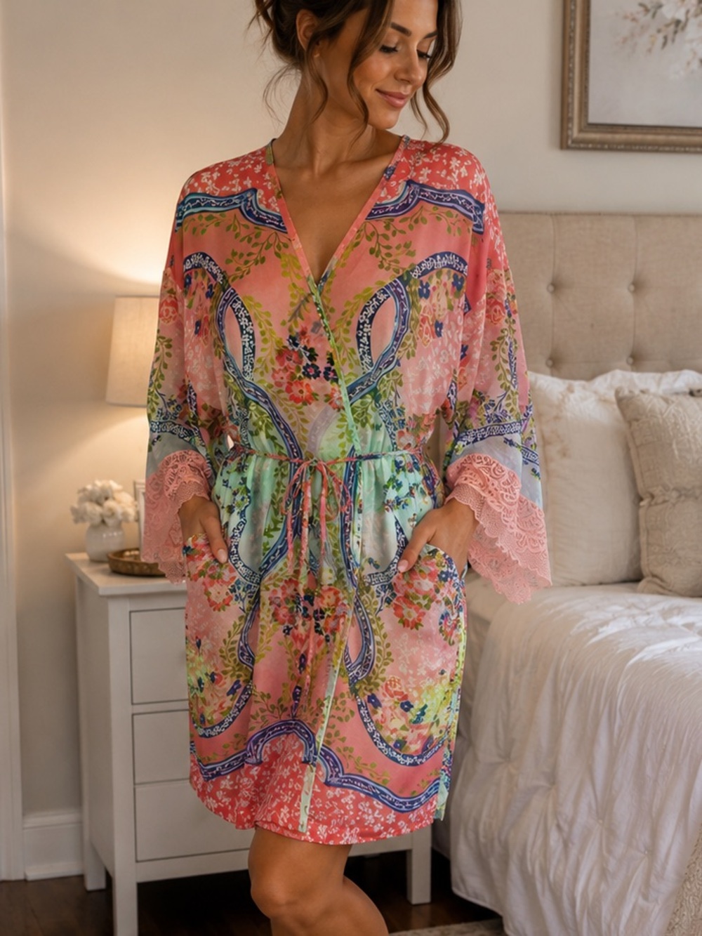 In Bloom Jonquil Multi Color Floral Pink Lace Trim Kimono Semi Sheer Robe Sz S